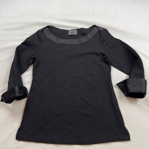 Chanel Employee Logo Quilted Satin Trim Uniform Shirt 3/4 Sleeve Top Small Black